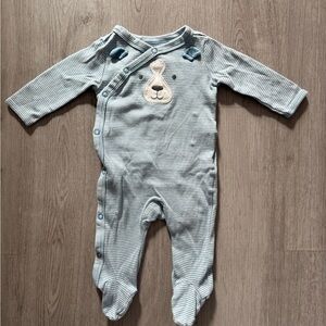Baby Blue Striped Dog Onesie | 3D Ears Puppy Face Button Footie pajamas